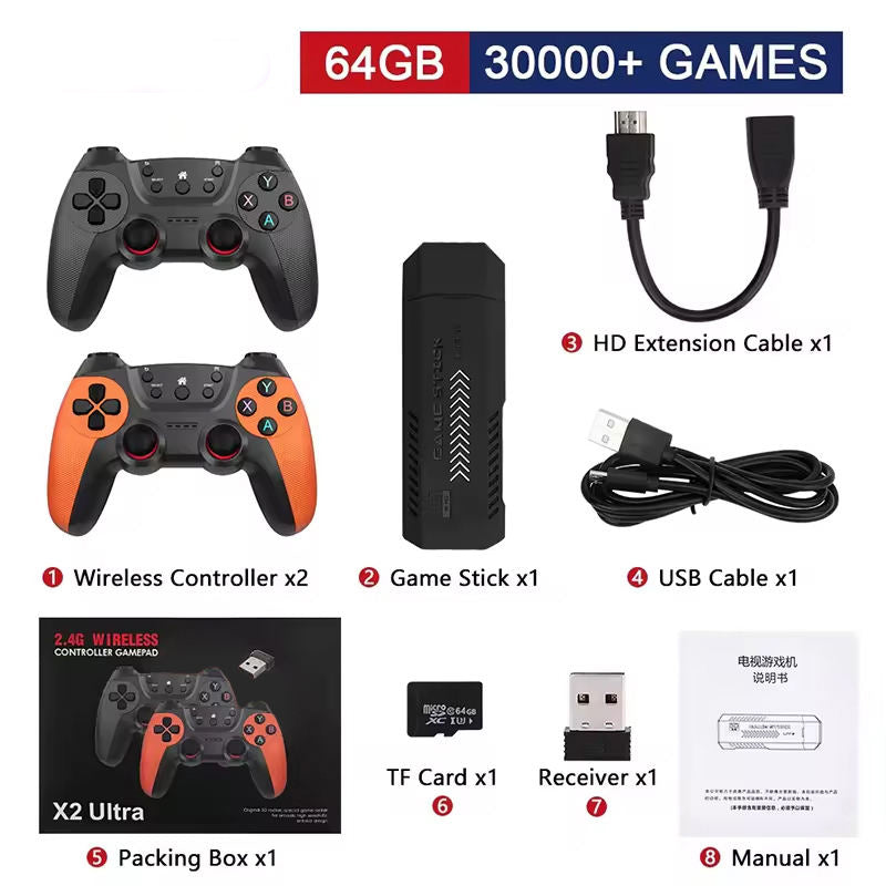 X2 Ultra Game Stick 4K Retro Gaming Consoles Family TV Video Game Consoles Classic 64GB 30000 Games for Psp/Ps1